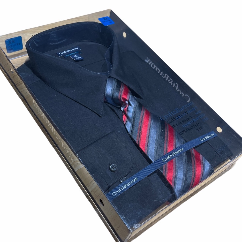 Croft & Barrow Black Long Sleeve Shirt‎ With Tie Box Set Size 36 XL 17 1/2-18